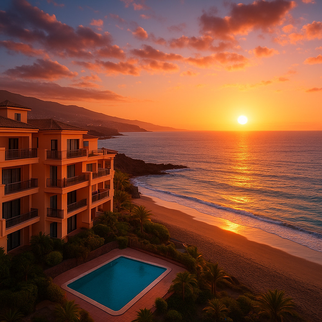 Tenerife sunset view with beachfront property investment opportunity